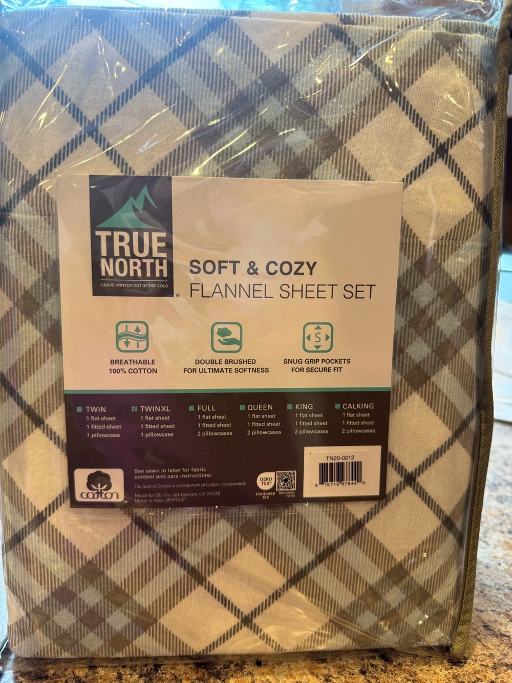 True North Soft & Cozy Flannel Sheet Set Twin XL Blue Plaid Cotton NEW